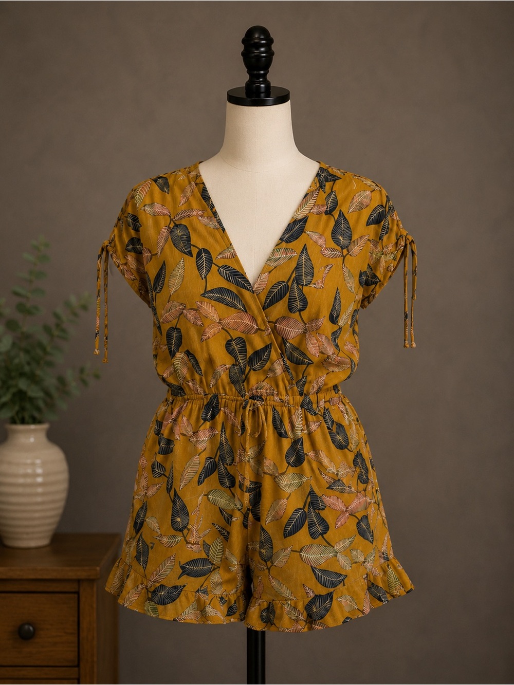 Cozy Casual Mustard Leaf-Print V-Neck Romper